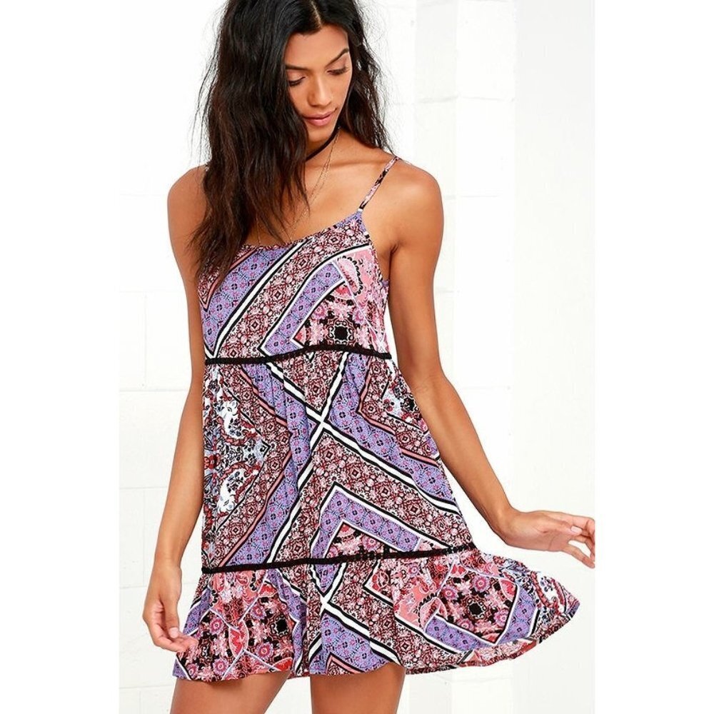 Lulus Womens Lucky One Purple Coral Print Mini Dress Tiered Purple Pink Small